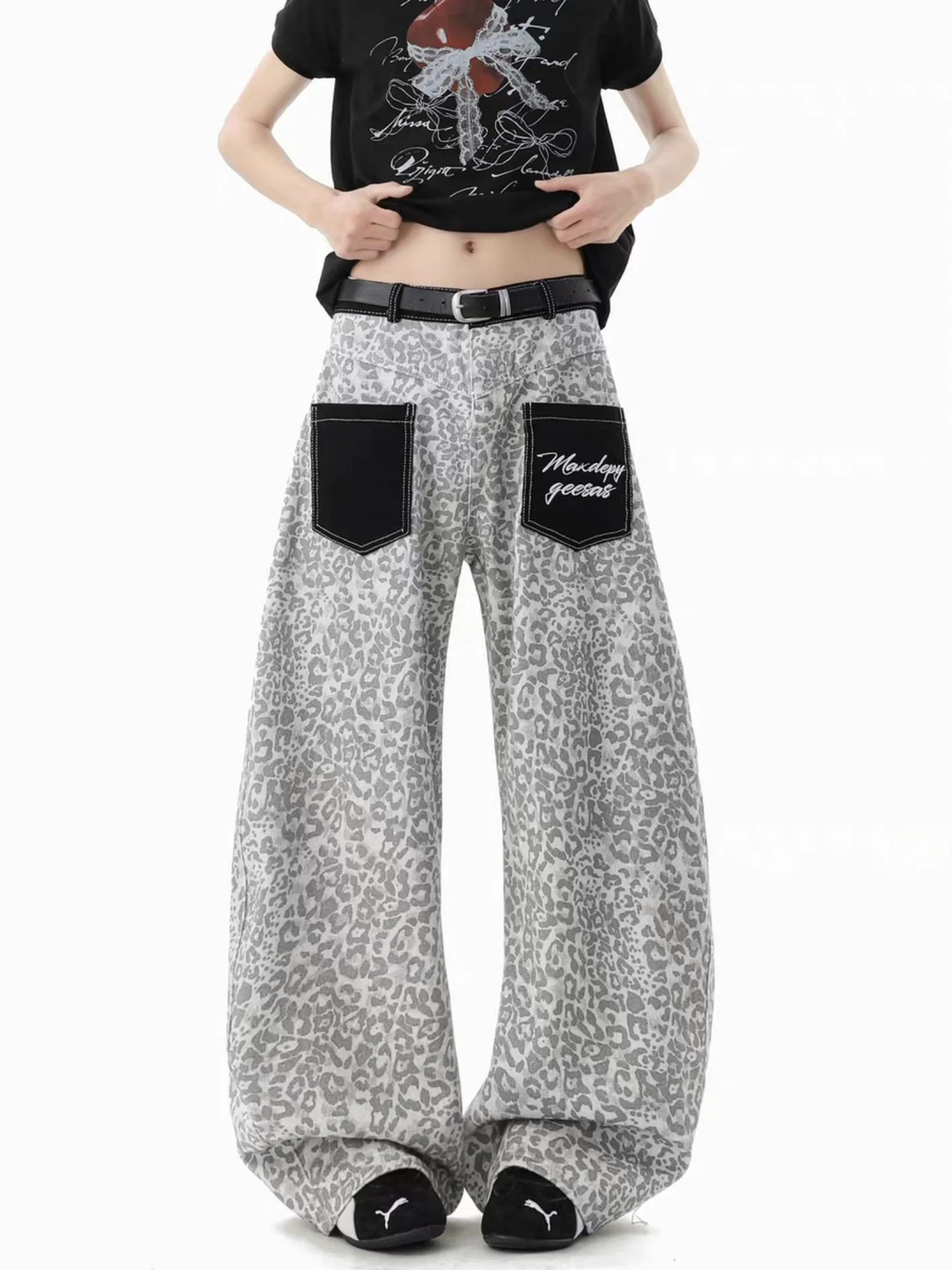 American Retro Leopard Print Splicing Jeans Casual Loose Wide Leg Knife Shape Men Women Summer New Style High Waist Denim Pants