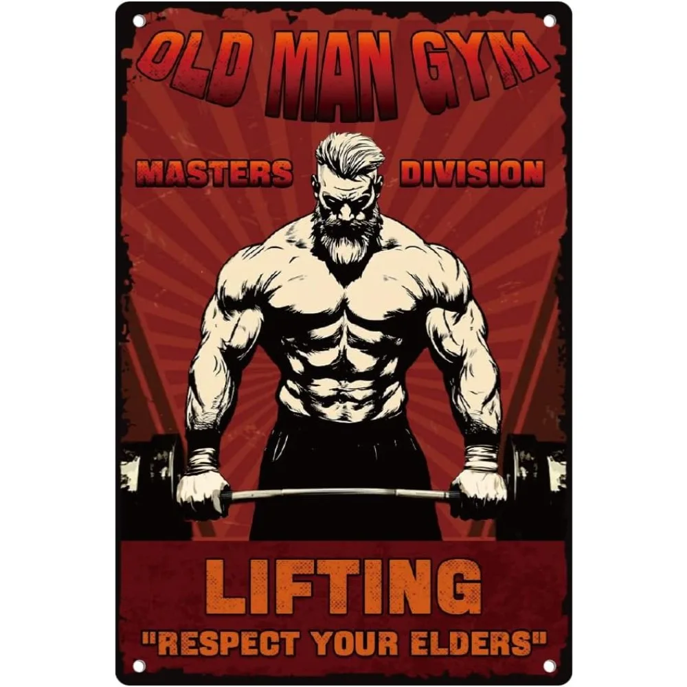 Vintage Old Man Gym Metallschild: Lifting Masters Division – Respektiere deine Älteren – Fitness Retro Wandkunst Poster für das Home-Gym