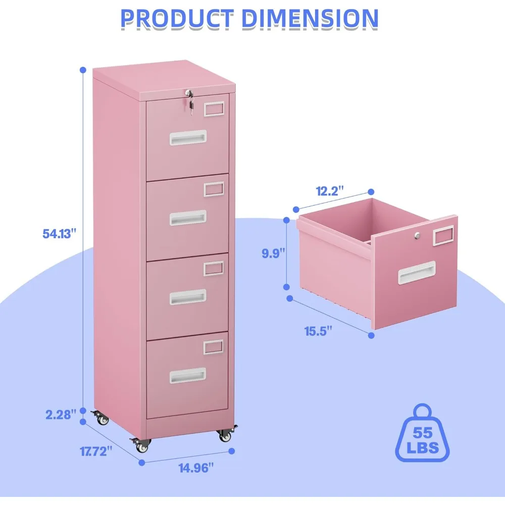 خزانة ملفات عمودية قابلة للقفل بأربعة أدراج مع عجلات، وخزانة تخزين مكتبية متنقلة، ومقبض، وحامل بطاقة الاسم، ووضع موفر للمساحة