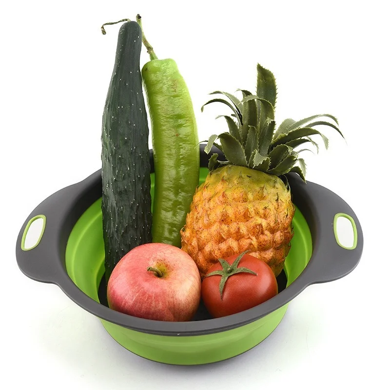 Foldable Vegetable Basket Silicone Colander Kitchen Folding Washing Drain Basket Plastic Storage Fruit Round Cleaning Basin