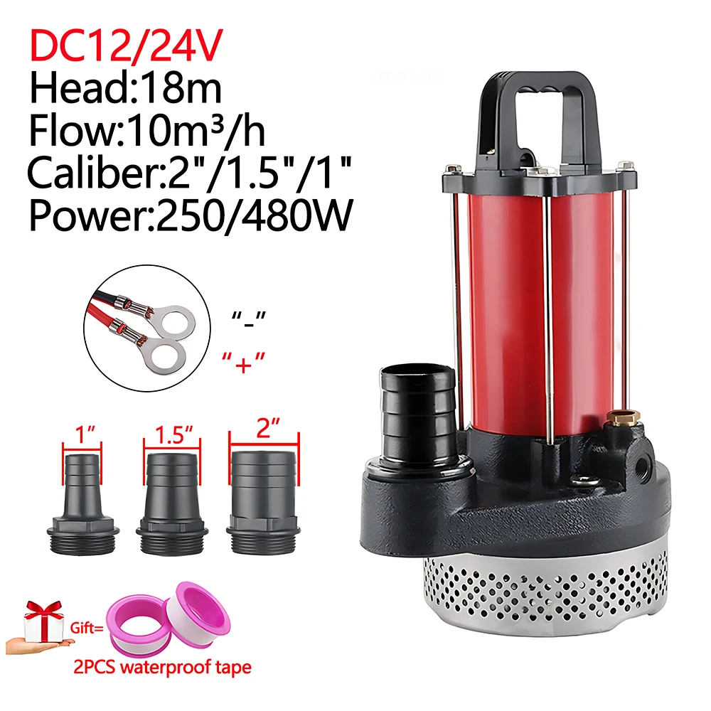 DC12/24V 250/480W Flow:10m³/h Head:18m Battery-powered Solar Submersible Pump Diameter: 1/1.5/2 Inches Irrigation/Ecology/Garden