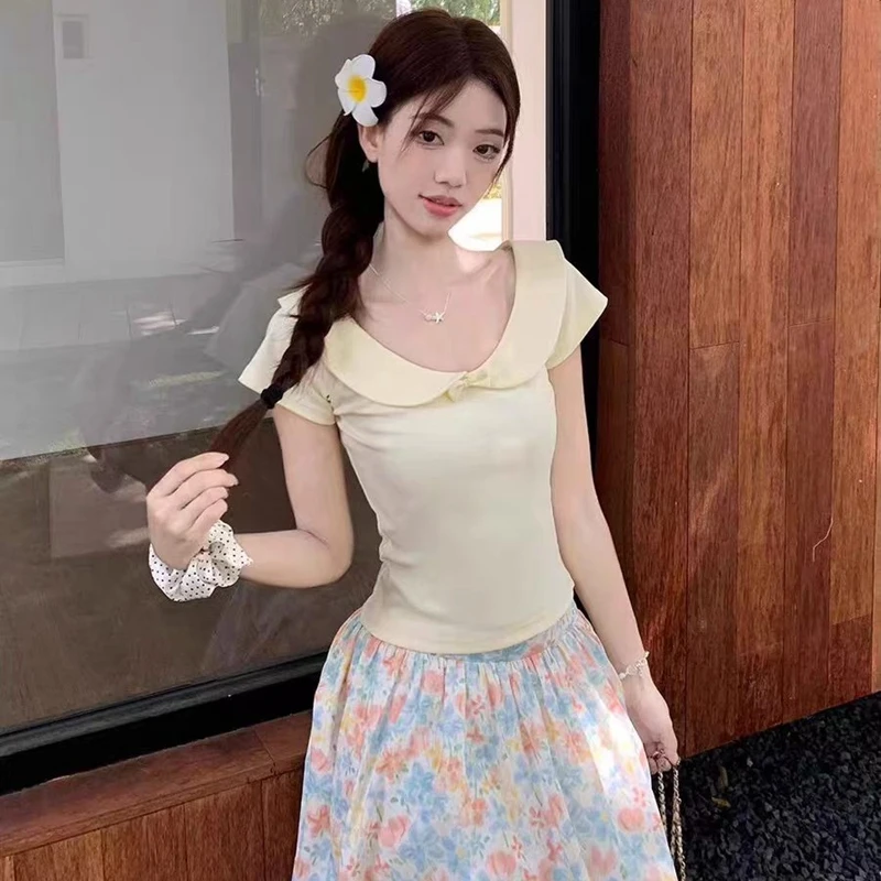 

2026 Summer 2 Piece Outfits Women Ruffle Doll Collar Bow Tank Top Floral Print Midi Skirt Set Elegant Casual Matching Two Piece
