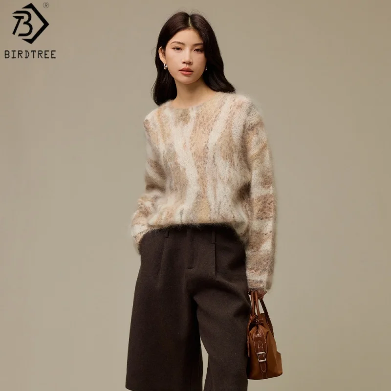 Birdtree, 59% Mohair Leopard Print Sweater, O-neck Tops, Women's Knitted Long Sleeve Thicken Blouse, 2026 Autumn New T69620JF