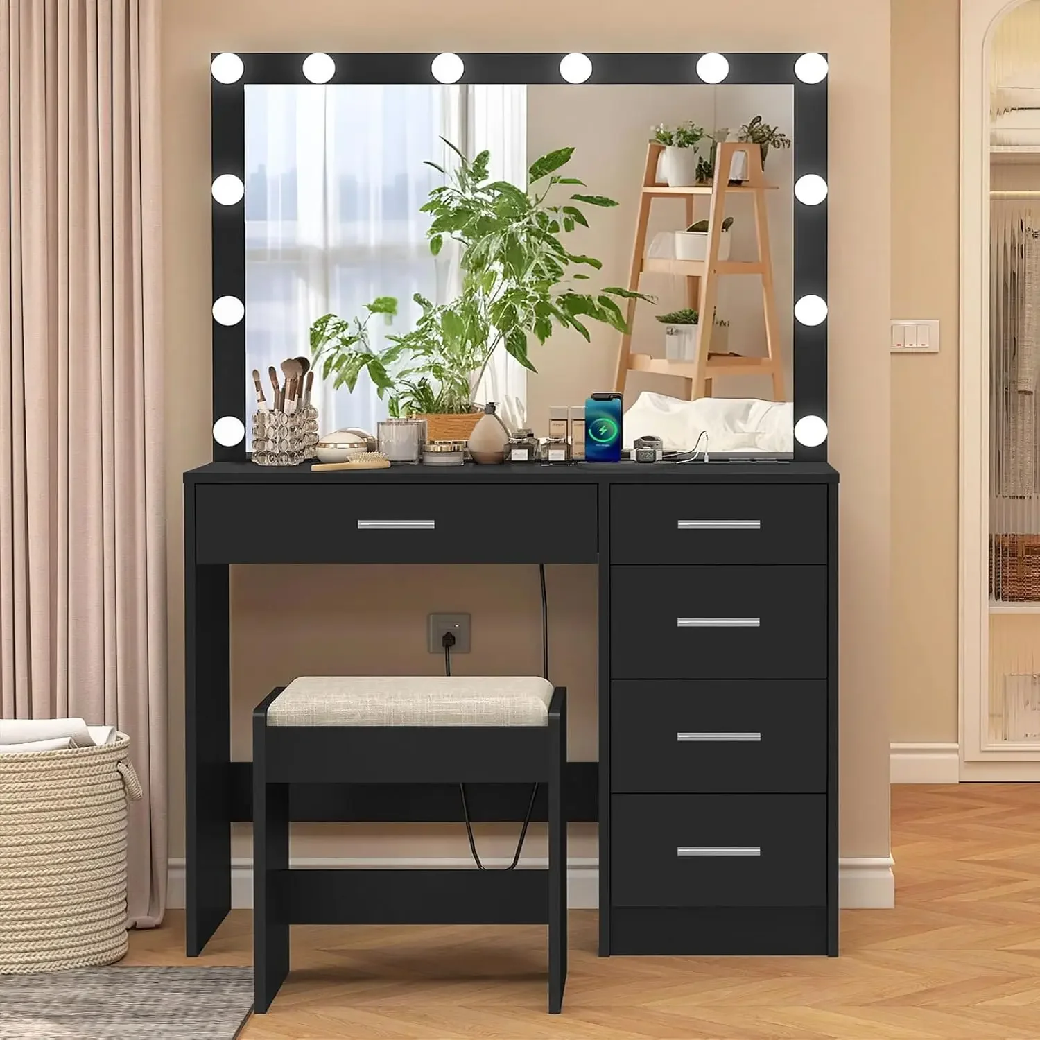 Usikey-Table de maquillage avec prise de courant, coiffeuse avec 12 lumières, bureau de courtoisie avec 5 portes de proximité, grand miroir, élasthanne