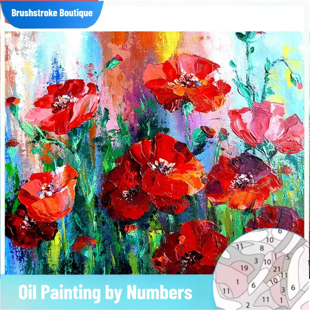 

Brushstroke Oil Painting By Number Red Flower Wall Art Unique Gift DIY Frame Coloring By Numbers Poppy Acrylic Canvas For Living