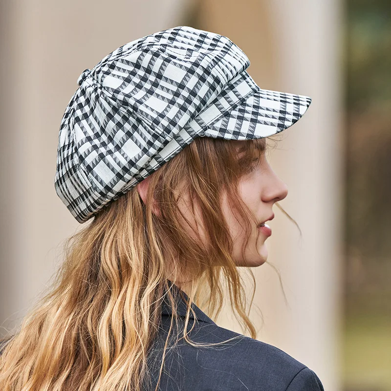 Houndstooth Luxury Beret Hats For Women Plaid Octagonal Hat Autumn Sun Visor British Vintage Baseball Cap Fashion Girls Berets