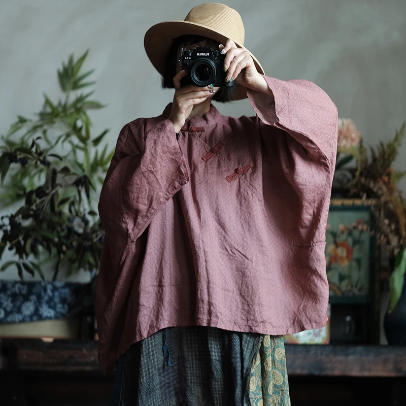 

100% Ramie Women Casual Shirt New 2026 Chinese Style Vintage Mandarin Collar Solid Color Female Long Sleeve Tops Shirts M2732