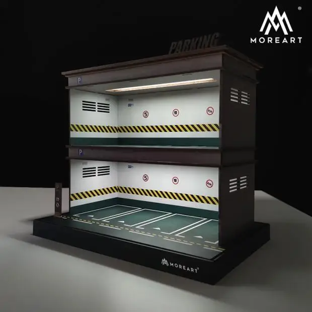 1:64 Diorama โรงรถคู่รุ่นที่จอดรถ PVC ฉากกล่องเก็บธีมกล่องของขวัญของเล่น (ไม่รวมรุ่นรถรูป)