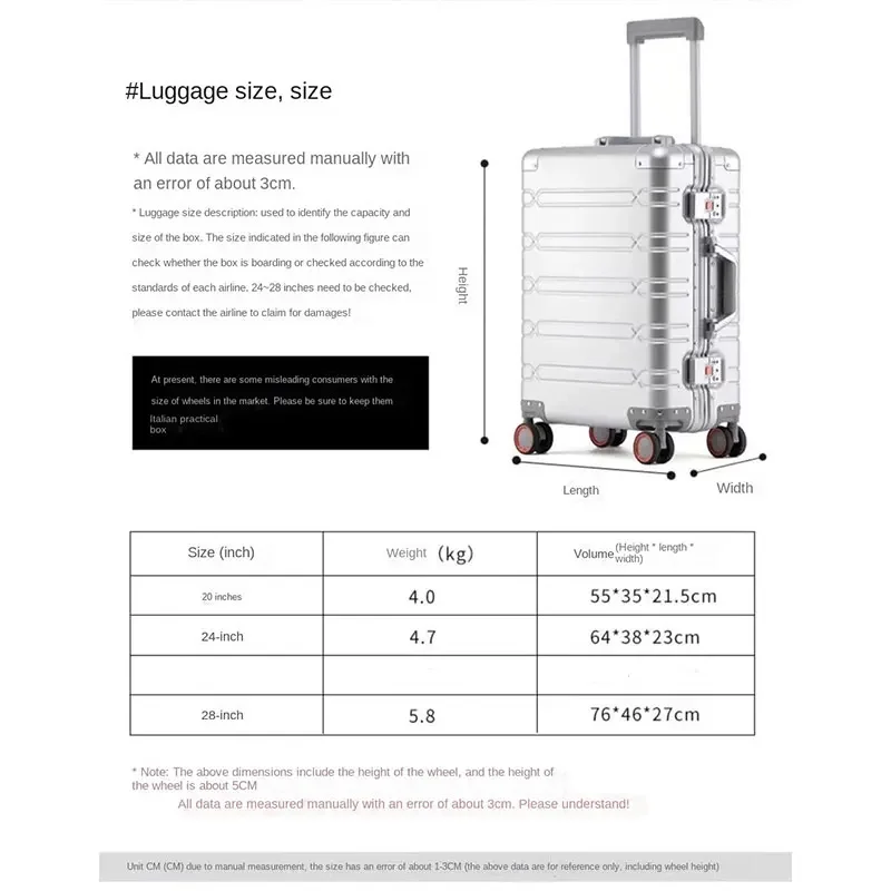 Transportador de bagagem de alumínio de luxo, mala de negócios, mala de transporte, 24 29 Polegada, roda universal, sacos trolley, estojo rígido, 20 Polegada