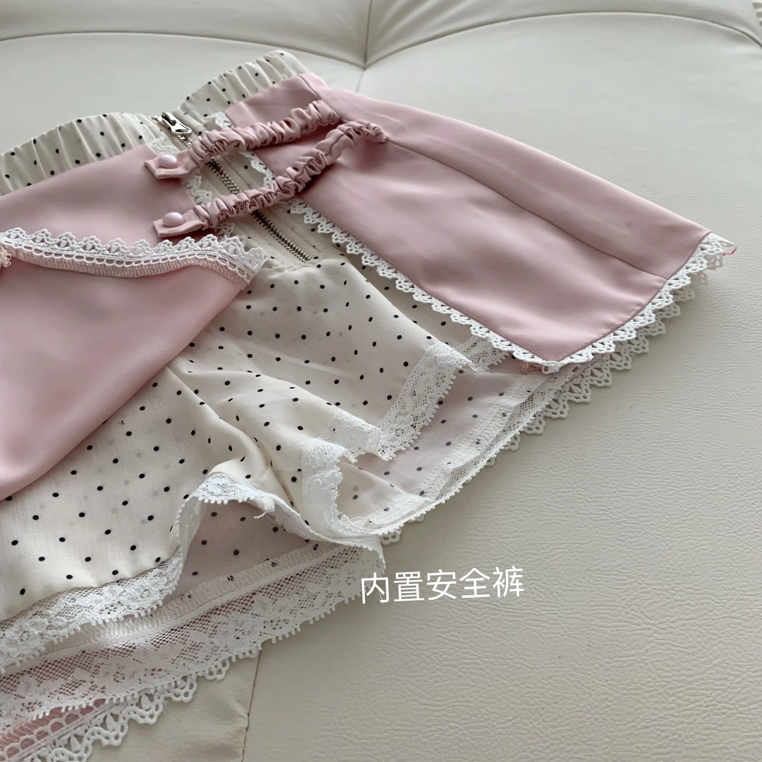 Women's Summer Lovely Pink Irregular Split Lace Hem A Line Short Skirt Lady Cute Polka Dot Patchwork Satin Mini Skirt