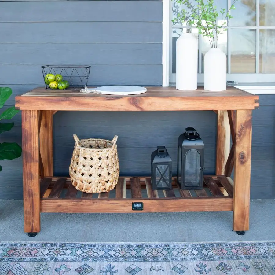 

48 Acacia Wood Farmhouse Narrow Console Table with Lower Slat Storage Shelf, WaterResistant Design for Patio, Deck, Entryway