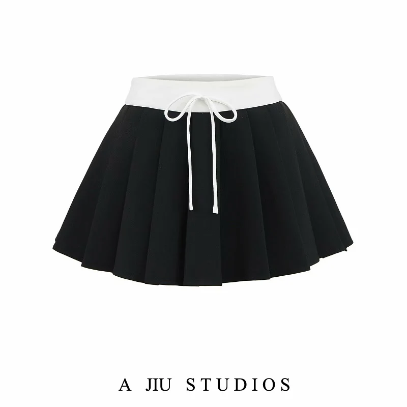 American Retro College Sle Pleated  Skirt Women's Summer Splicing f Skirt Lightproof A-Line ort Skirt