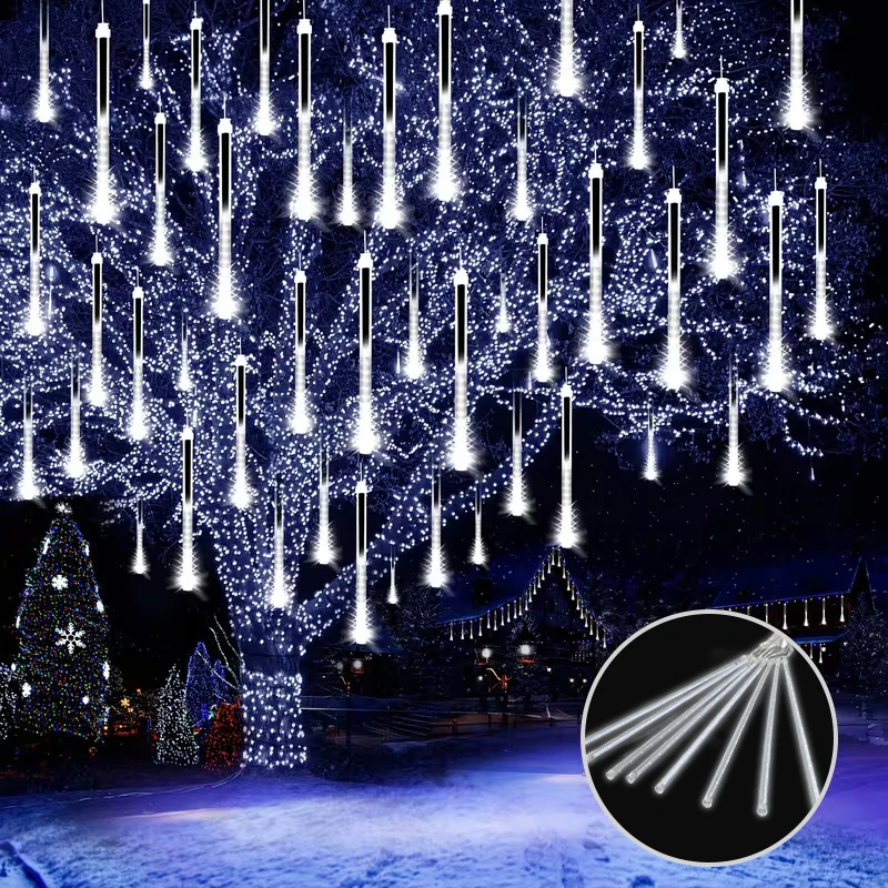 Image of USB-Fallende-Meteor-Lichterkette LED Warmweiß Blau Bunt 30CM8Röhren 50CM8Röhren IP54 Wasserdicht 8 Modi Festival Gartendekoration