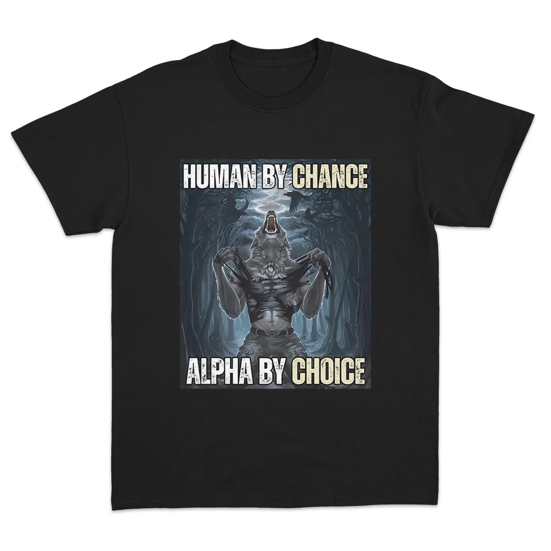 “Men's Human By Chance Alpha By Choice Wolf Graphic T-Shirt Casual Short Sleeve Streetwear Top”