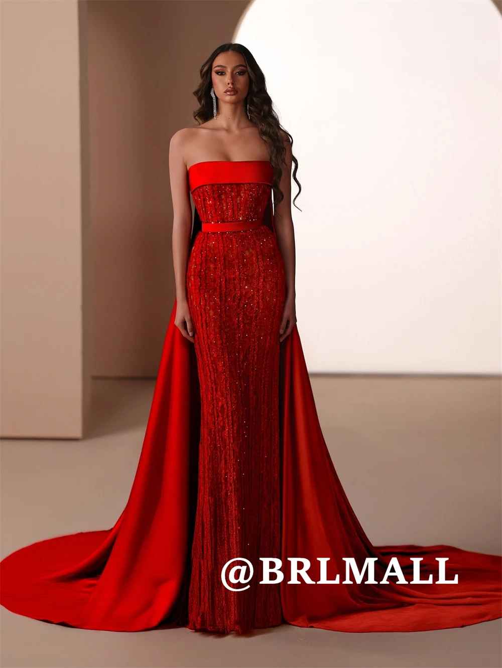 

BRLMALL Tube Top Beaded Evening Dress with Detachable Satin Train Sequined Long Sheath Prom Dresses Cusotmized Women Party Gown