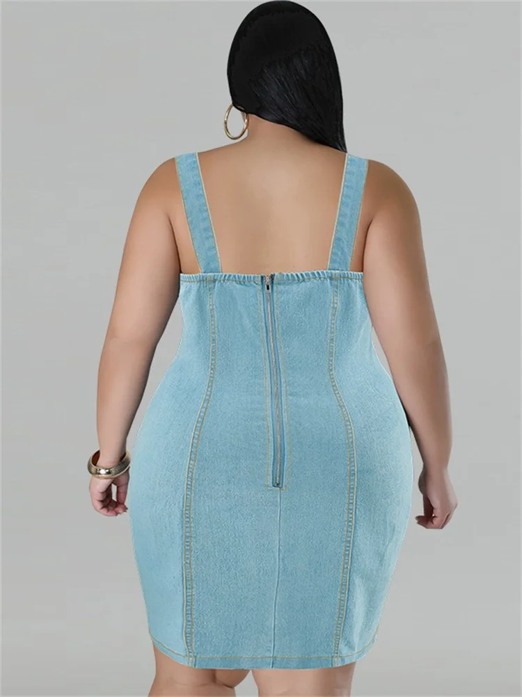 Wmstar-Robe mi-longue en denim pour femme, grande taille, mode décontractée, batterie, fermeture éclair, vente en gros, livraison directe, été 2024