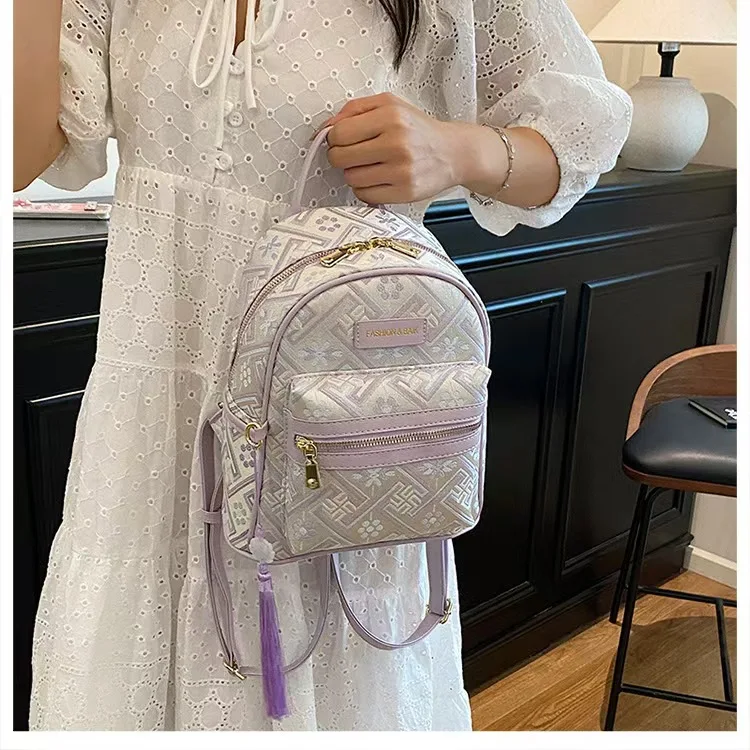 

Новинка 2026: Мини-рюкзак пастельно-фиолетового цвета для женщин | Китайский узор на ткани брокад с узором в виде бахромы