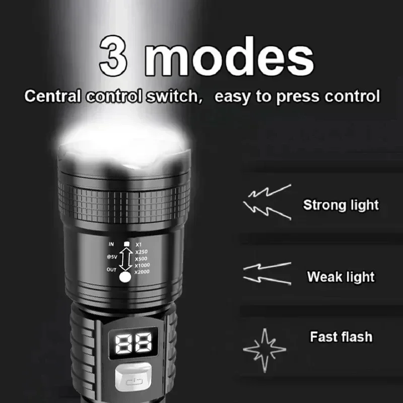 100000LM Super Bright Flashlight Type-C Rechargeable LED Torch Long Range Tactical Lamp for Outdoor Waterproof Camping Lantern