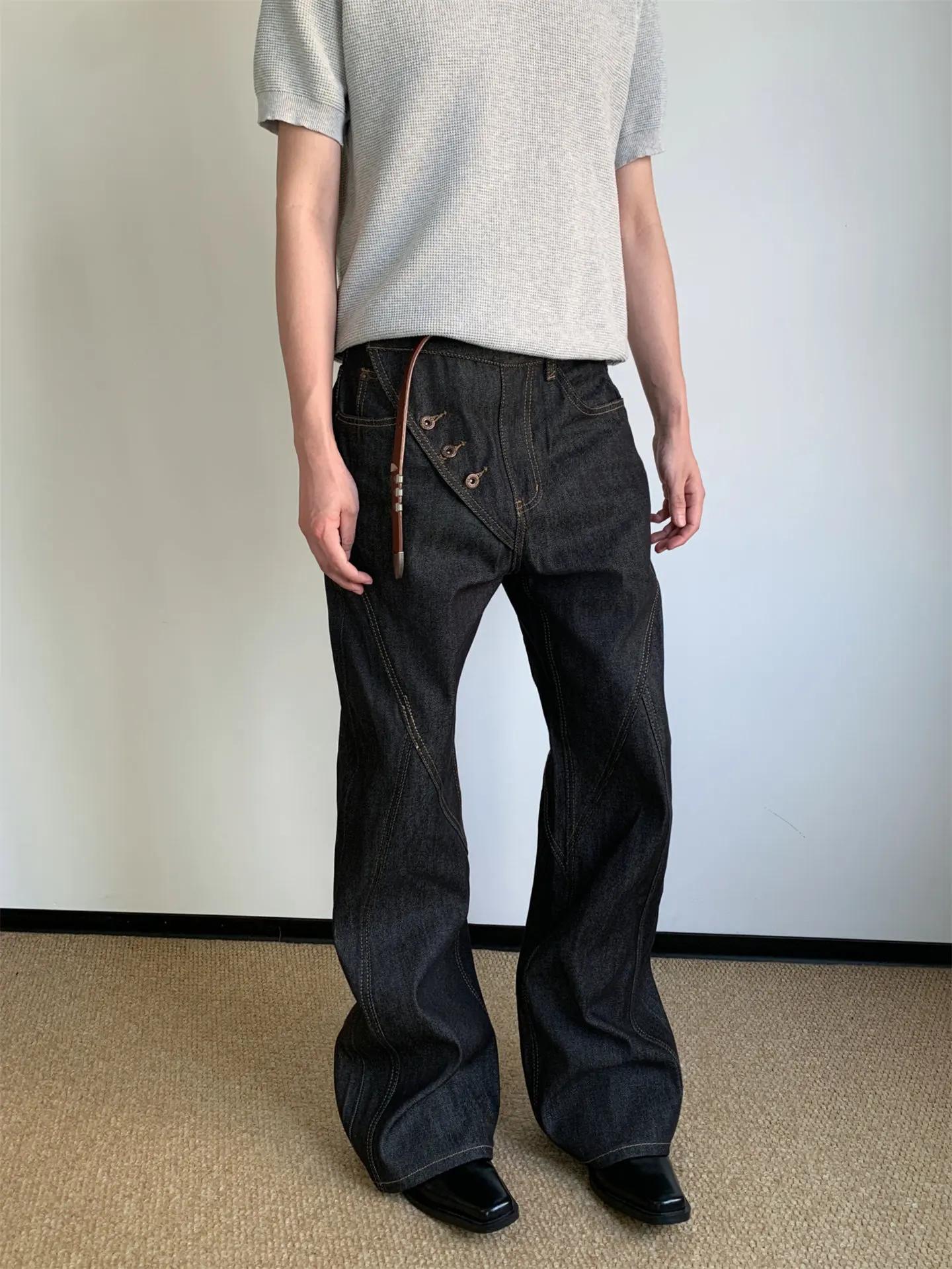 American High Street Retro Cleanfit Deconstructed Slant Button Original Cow Loose Men Women Trendy Jeans mid Waist Zipper Sum...