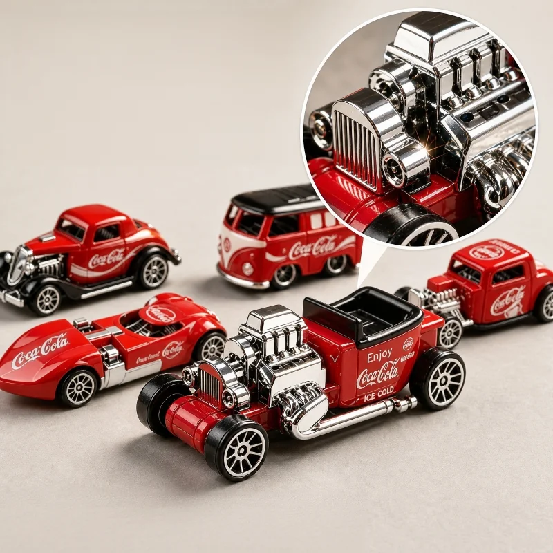 A set of 6 alloy car models, 1:64 scale vintage modified sports cars and buses, pull-back toy cars, great for desk decoration an