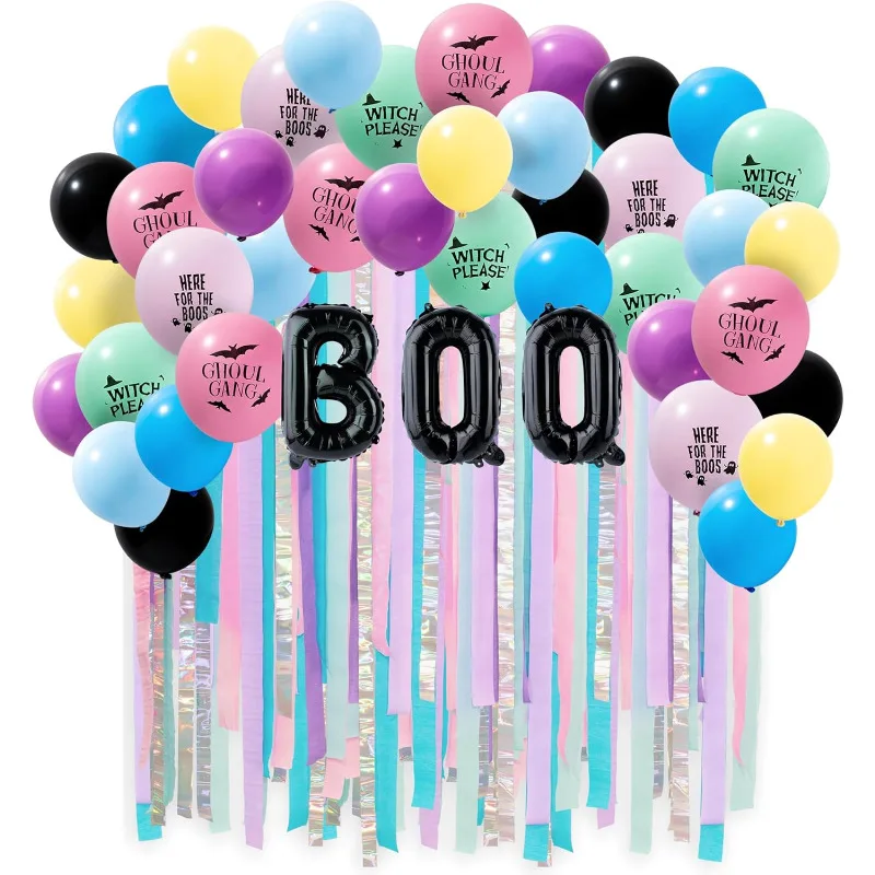 51pcs Halloween  BOO Balloons Garland Colorful Pastel Streamers Kit Photo Booth Background for Halloween Birthday Party Supplies