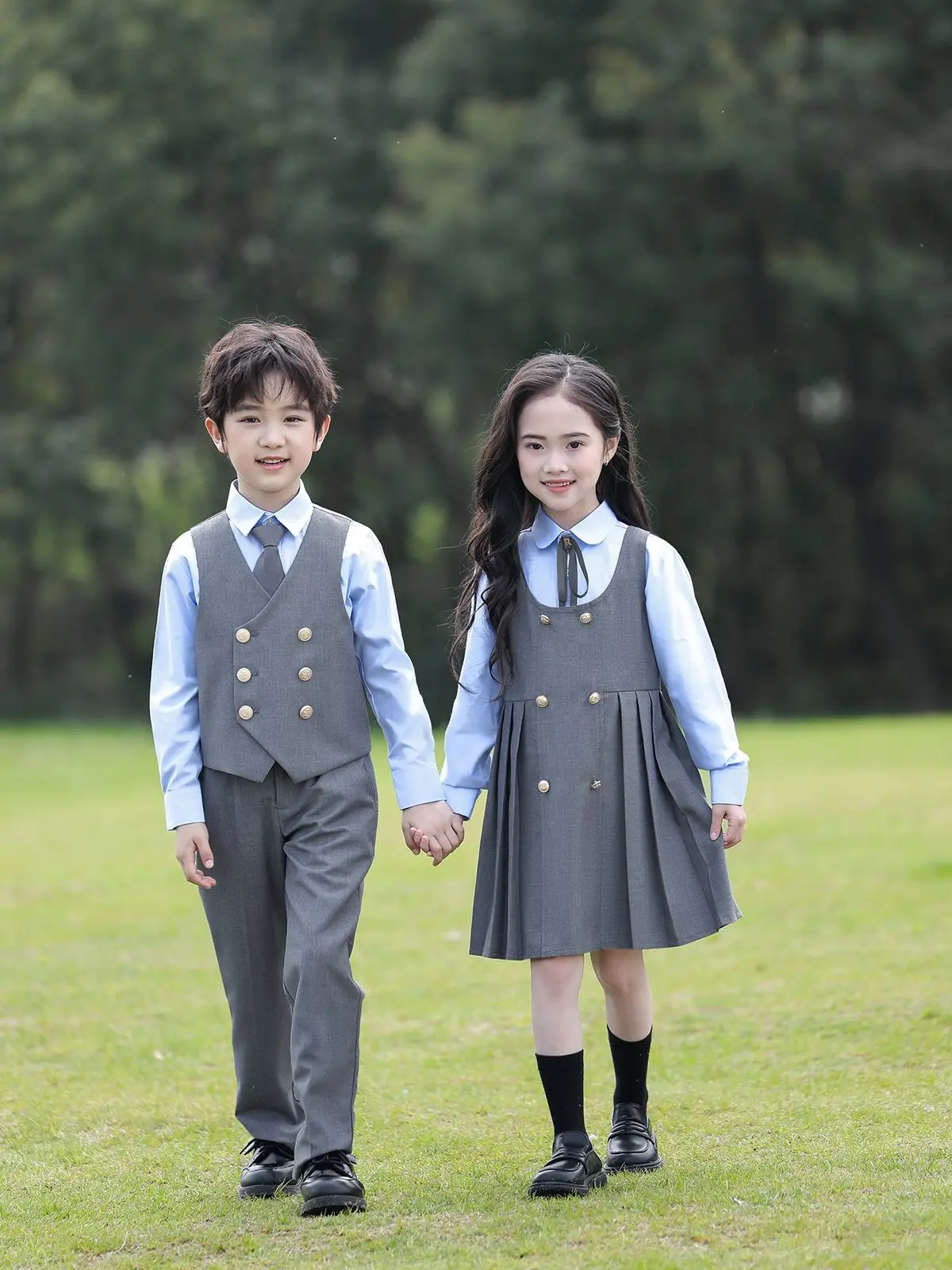 Boys British Vest Suit Shirt Pants Girls Korean Dress Toddler Waistcoat Suits Children School Uniform