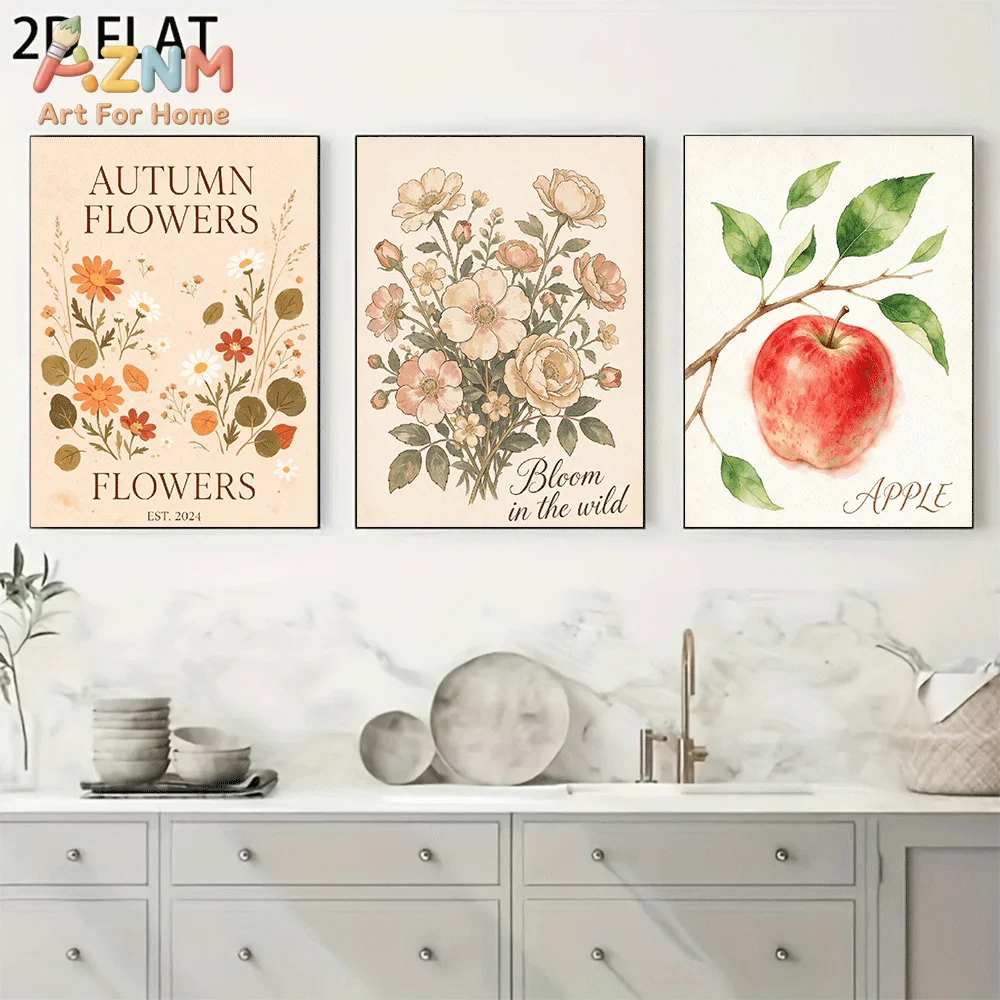 AZNM Frameless Canvas Wall Art, Vintage Autumn Wildflower & Red Apple Watercolor Print, Retro Botanical Fruit Wall Decor for Liv