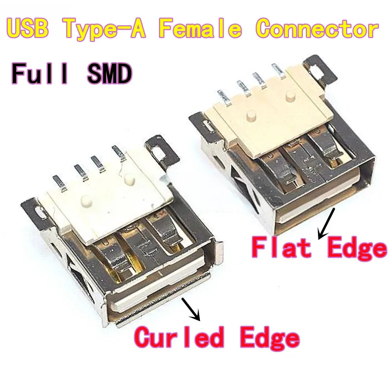 50PCS USB Type-A SMD AF Full SMD USB Female Connector 4-Pin SMD USB Receptacle Curled Edge/Flat Edge