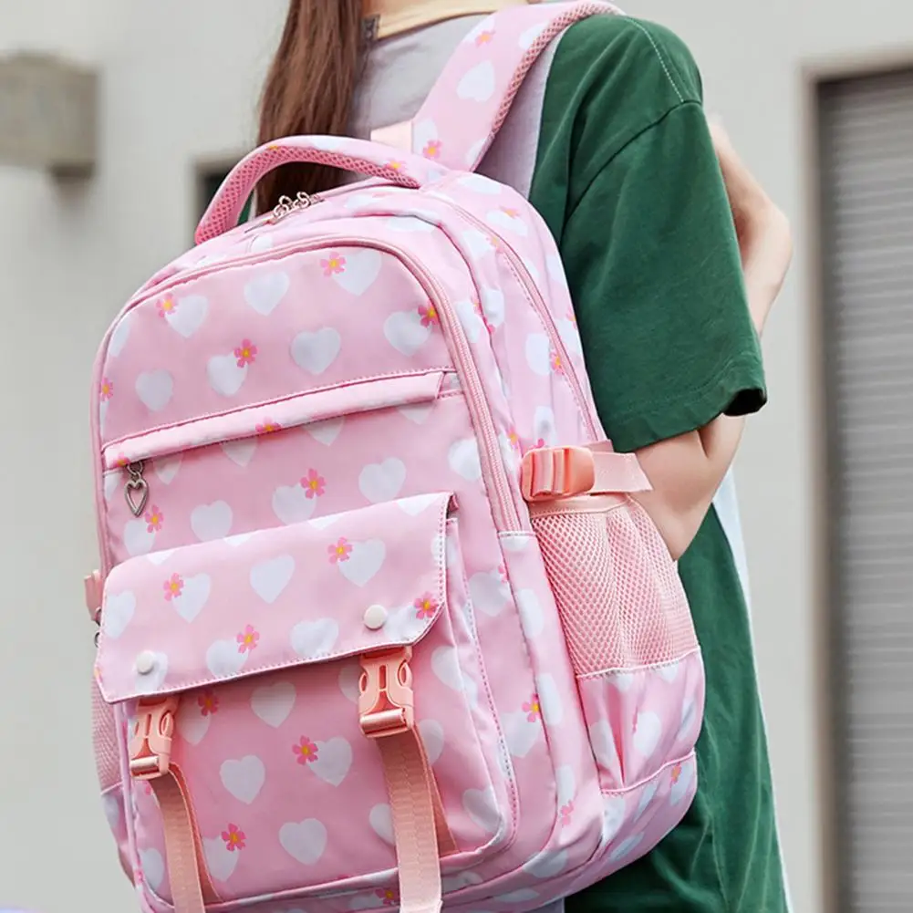 Reflective Strips Backpack Heart Print Backpack Set with Lunch Bag Pencil Case Waterproof Dual Zipper Closure for Girls