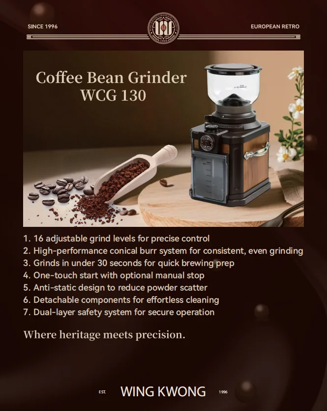 WING KWONG Coffee Grinder High Efficiency Conical Burr 16 Grind Degree Glass Hopper CE CB Safety Beautiful Design For Home Use