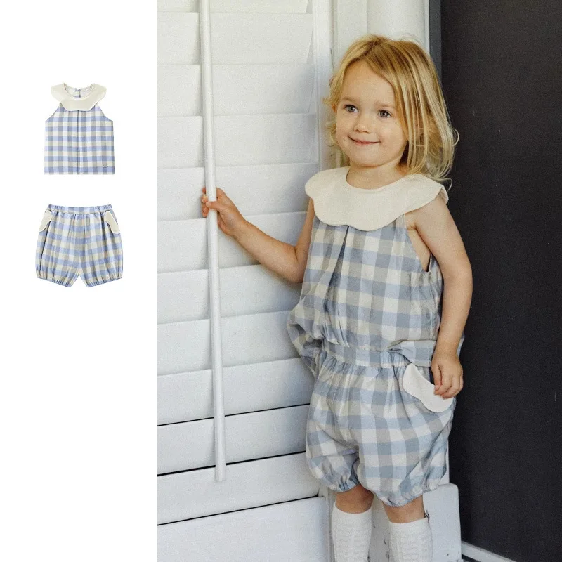 

25ss Kids Girl Suit Summer Wave Bud Cute Plaid Sleeveless Top Shorts Two Piece Set Toddler Girl Clothes