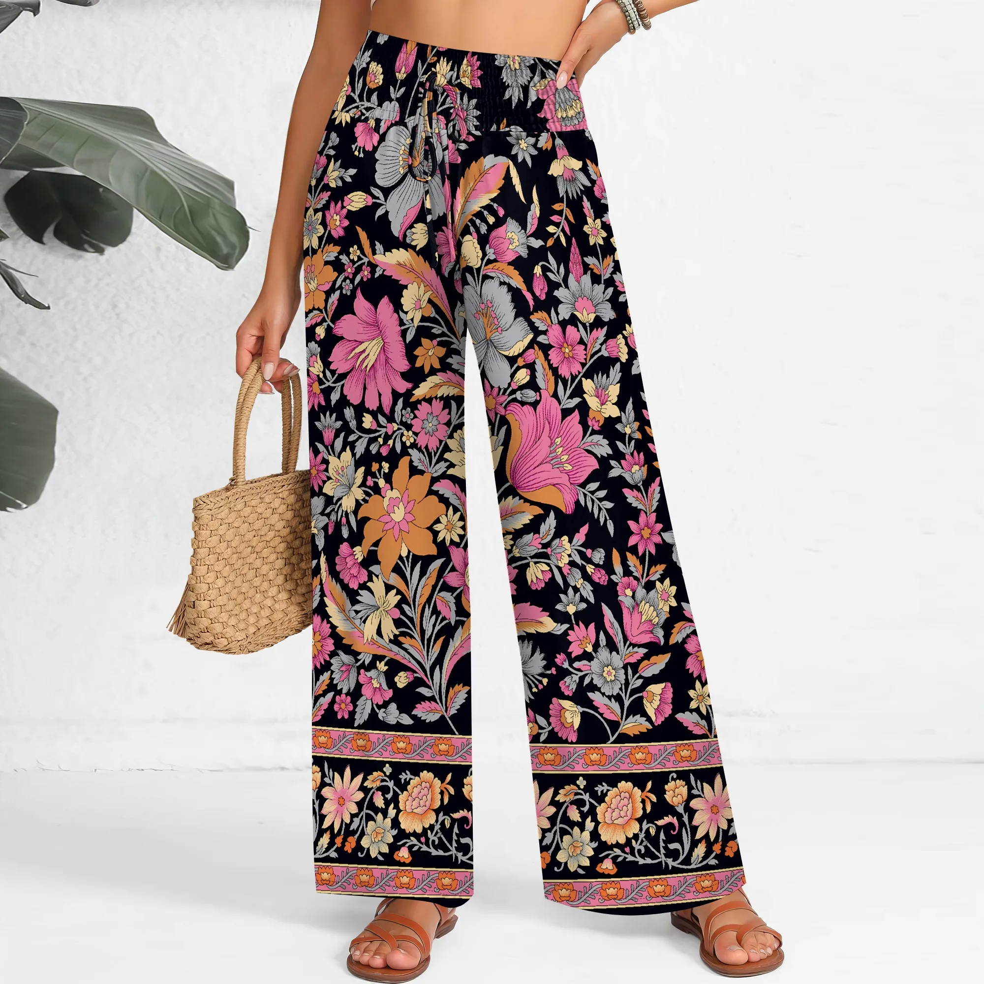 Nupusa Floral Print Pants for Women Standard Size Summer Casual High - Waist Wide Leg Pants
