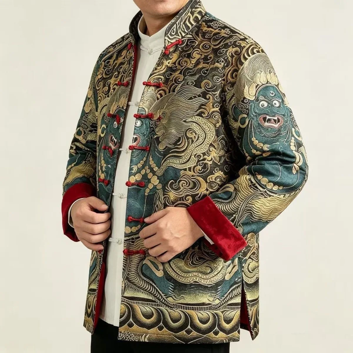 春の新作メンズ唐装金糸手作りスタンドカラーボタン中国の伝統的な服長袖カジュアルウェア
