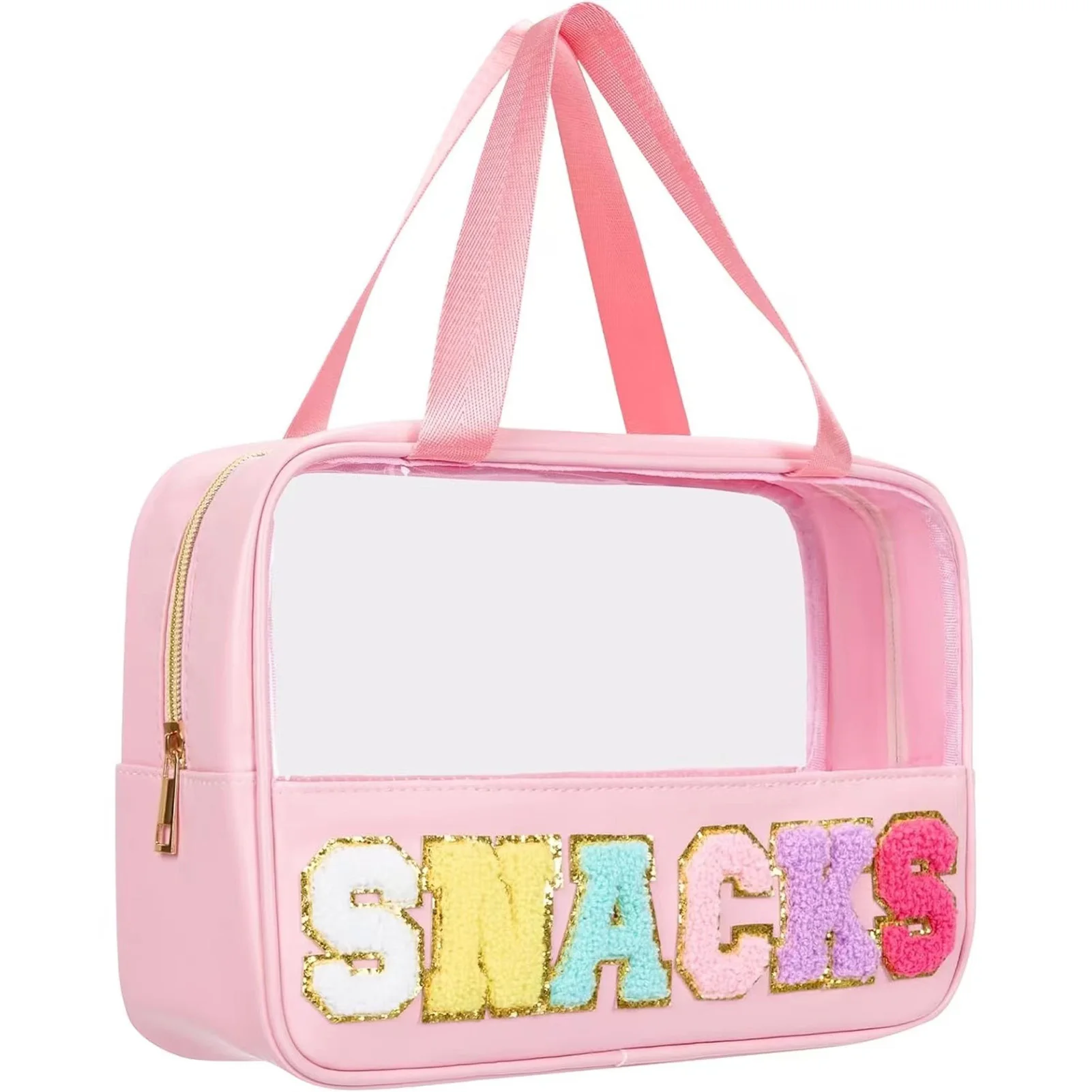 Waterproof Cosmetic Pouch Chenille Embroidery Letter Travel Toiletry Bag for Snacks Storage PU Leather Portable Organizer