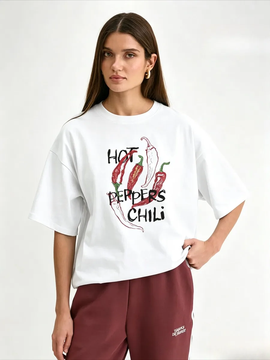 Summer 100% Cotton Women's Chic Little Chili Print T‑Shirt Casual Basic Tee Lazy Trend Short Sleeve Loose Comfortable Daily Top