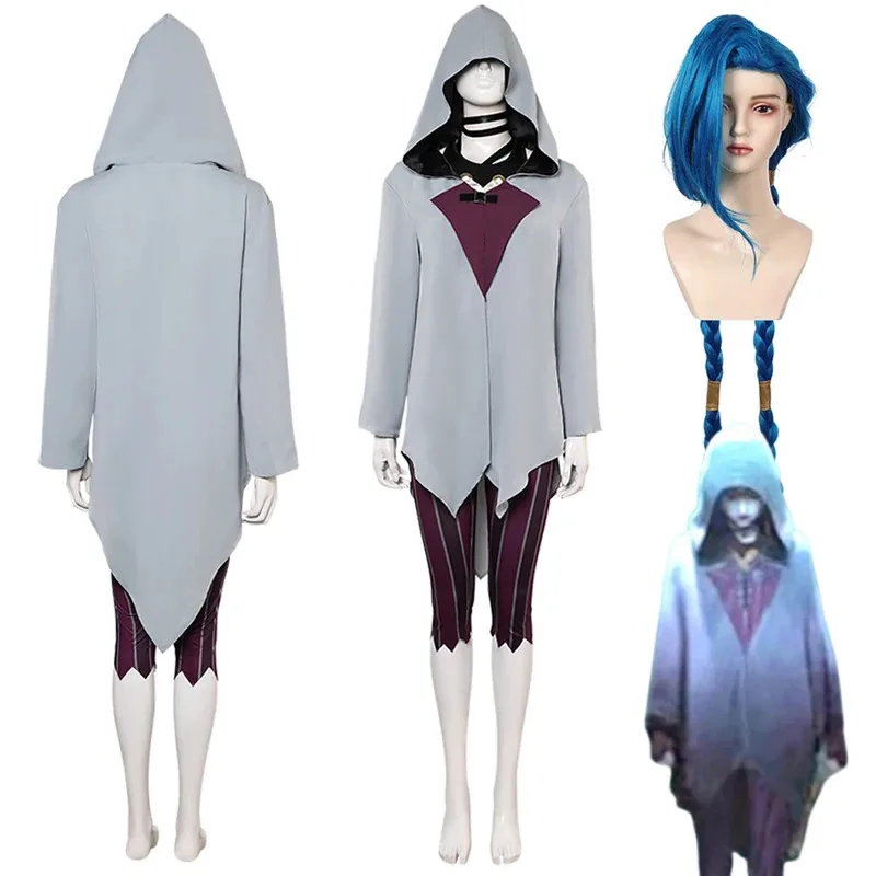 게임 LOL 코스프레 회색 망토 세트 의상 가발 Arcane Figure Jinx Roleplay Fantasia 여성 복장 할로윈