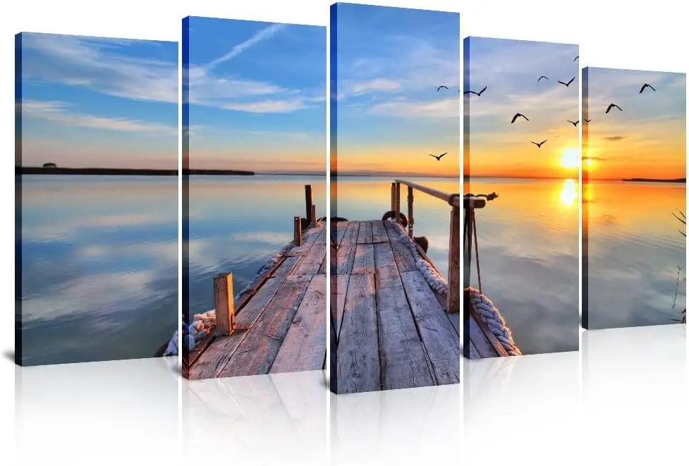 

5 Pieces Modern Large Canvas Wall Art Sunset Lake Wall Art Birds Flying Over The Pier Nature Ocean Landscape Paintings For