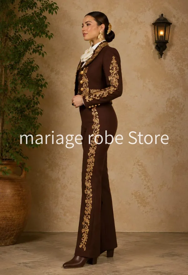 Women Maroon 3 Piece Mariachi Suit evening celebrity gown Golden Embroidered Bridal Suit halloween costume prom dress customized
