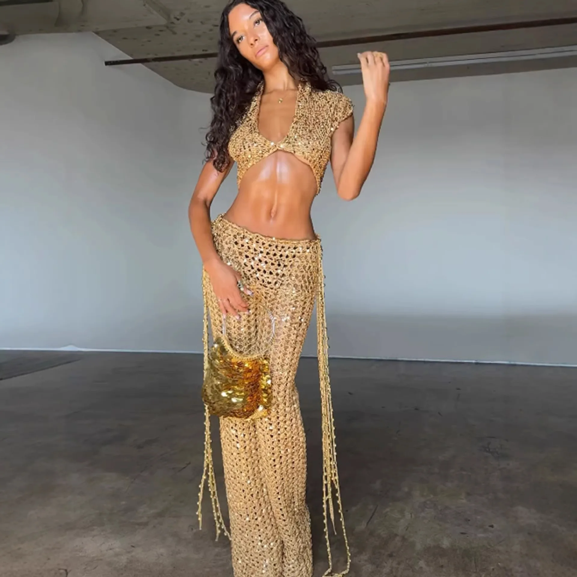 2026 Sequin Knit Two‑piece Set, Vintage Hollow‑Out Halter Crop Top + High‑Waist Straight‑Leg Pants  Street‑wear For Hot Girls