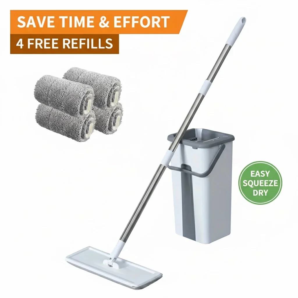 360 ° Spin Flat Mop & Bucket Set – Nass-/Trockenreinigungsset für Hartholz-, Fliesen-, Laminatböden, Zuhause und Küche