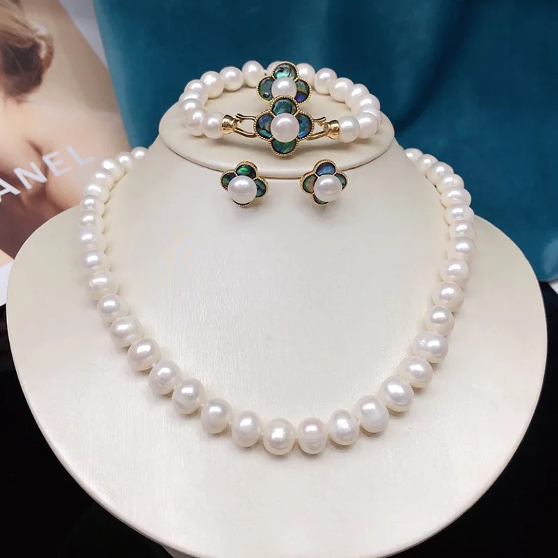 Zhuji Freshwater Pearl Necklace Set Wholesale Women's Fashion Versatile Accessories Niche Design Exquisite Abalone Shell Inlay
