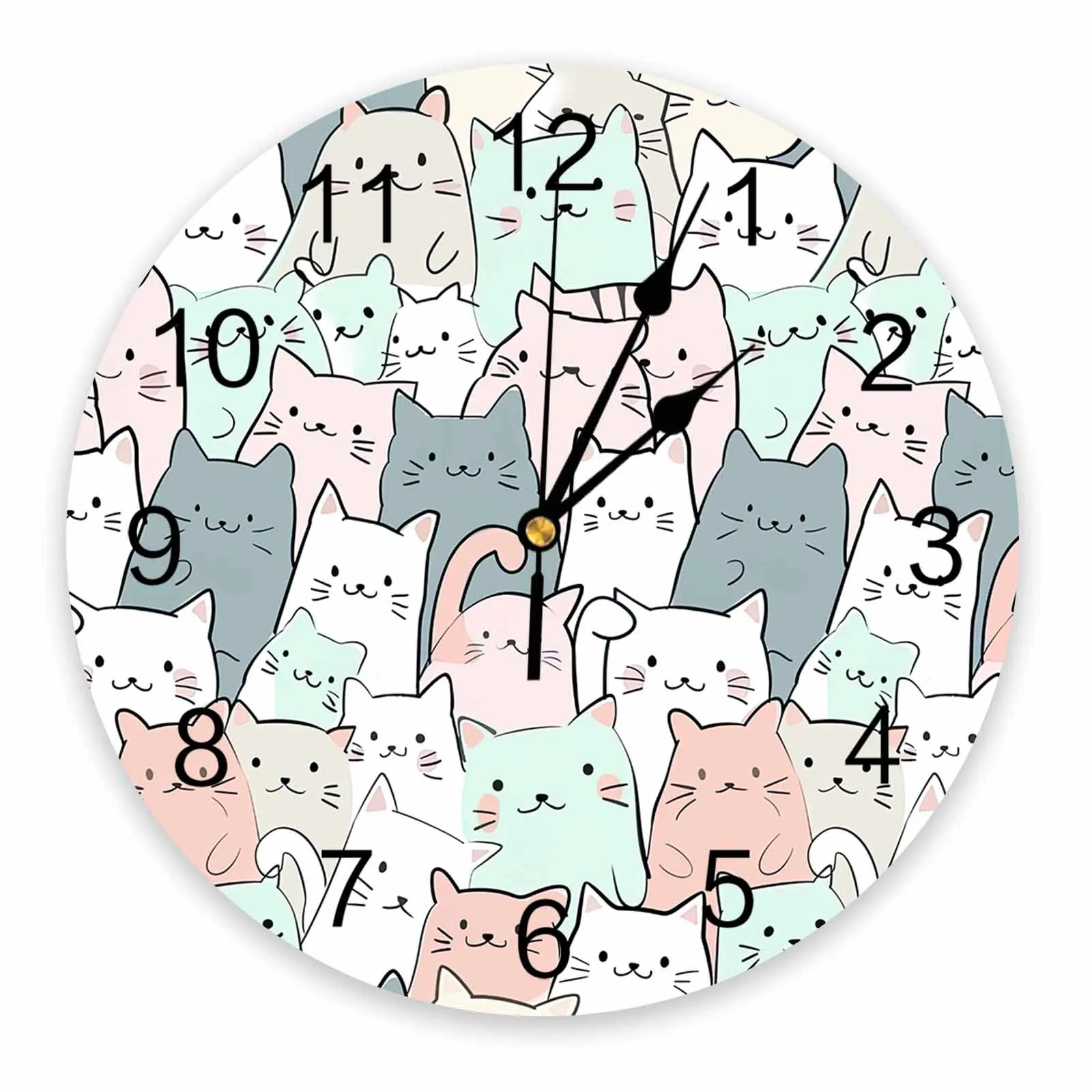 Cat Line Arrangement Hand Drawn Printed Wall Clock Modern Silent Clock Living Room Home Decor Wall Hanging Watch