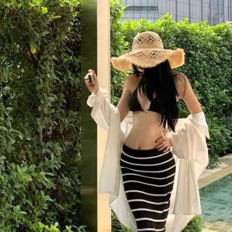 New Summer Korean Style Women's Swimsuit - Sexy Hottie Striped Bodycon Maxi Skirted, Slimming Beach Vacation Hot Spring Swimwear