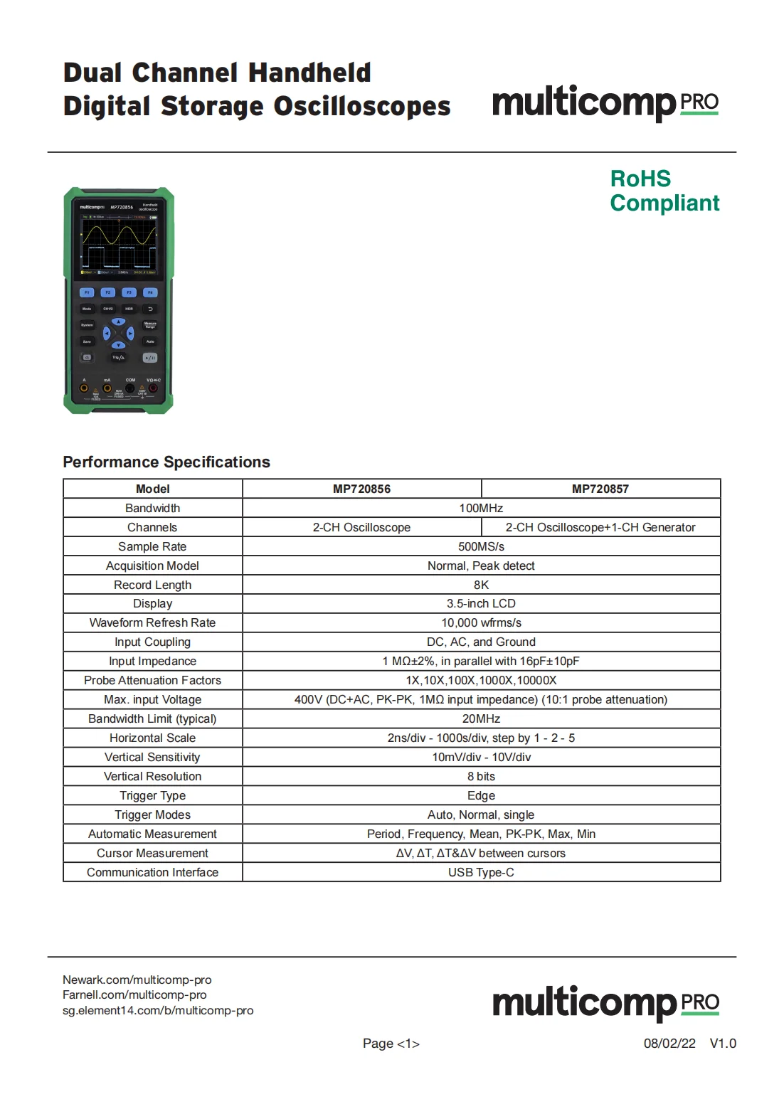 MULTICOMP PRO MP720857 Oscilloscope, 2+1 Channel, 100 MHz, 500 MSPS