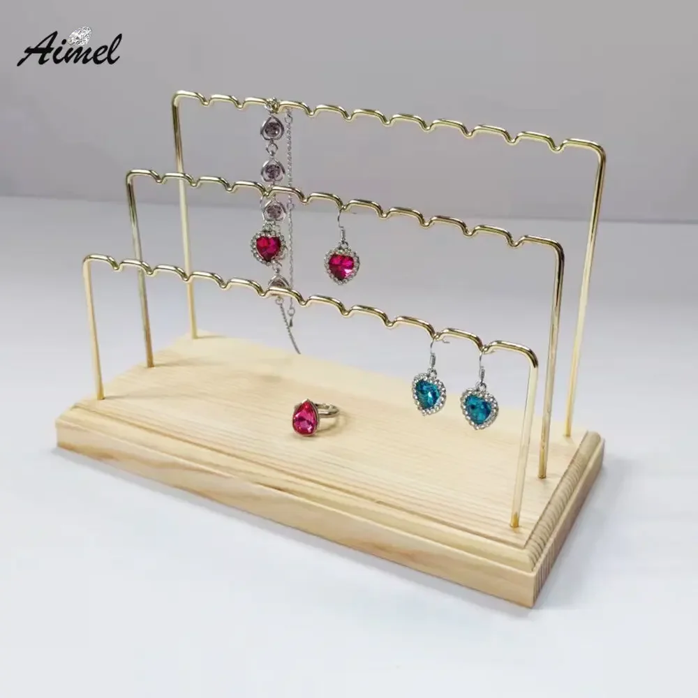 Fashion Gold Earrings Jewelry Display Stand Wooden Base Bracelet Pendant Organizer Holder Ring  Decoration Storage Hanging Rack