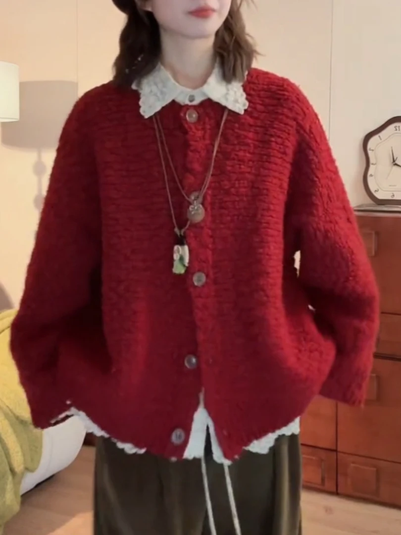 

Retro Red Lazy Knitted Open Cardigan Women's Faionable Autumn Winter New Sle Single Button ort Coat Soft Cozy Long Sve