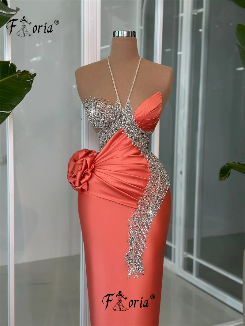 Elegant Coral Orange Halter Neck Mermaid Formal Party Dress Beaded Flower Satin Evening Special Occasion Dresses Prom Cocktail