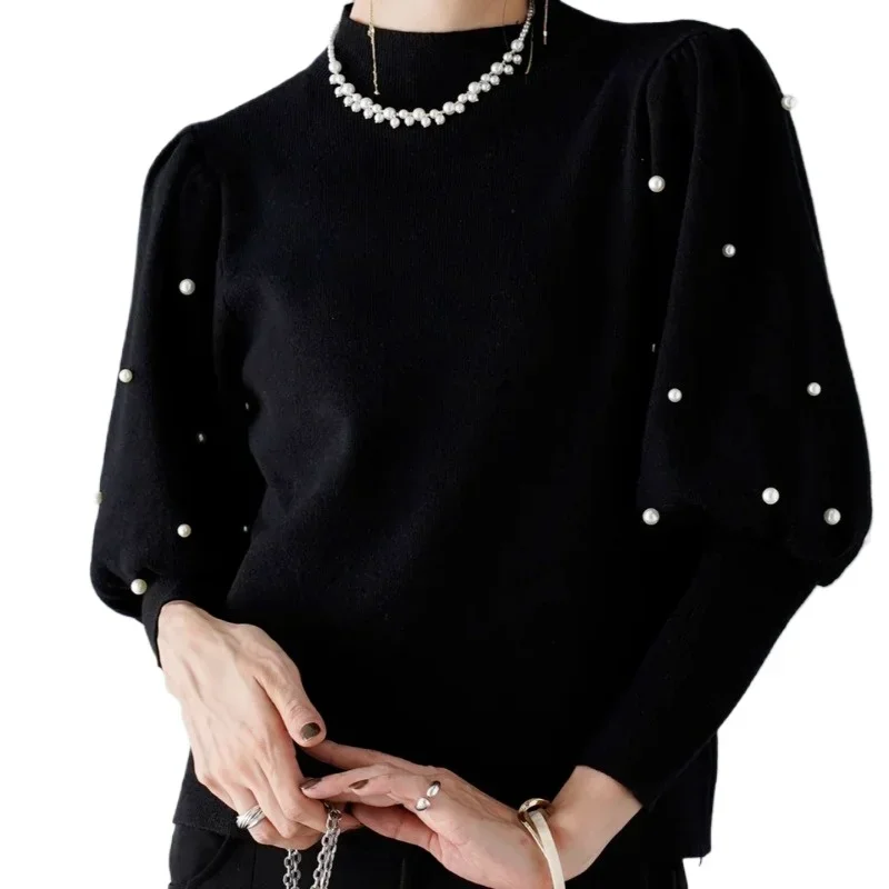 Autumn Winter New Half High Collar Pearls Beading Pullover Sweater Women\'s Black Long Sleeve Knitwear Tops Jumper Pull Femme