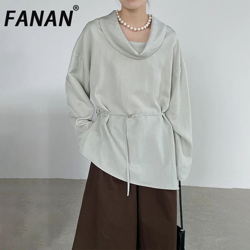 

FANAN Lace-up Gathered Waist Pullover Shirts For Women Round Neck Long Sleeve Irregular Design Blouses Female 2025 Autumn New