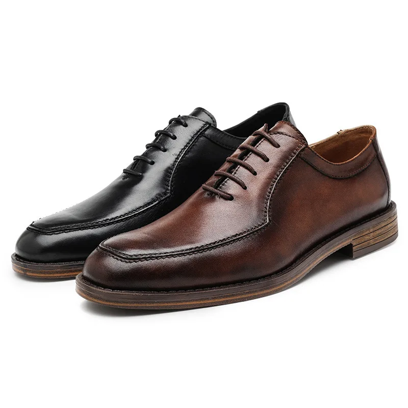 Hot Genuine Leather Shoes Men Wedding Office Dress Shoes Brown Patina Handmade Lace-Up Shoes Business Oxford Footwear